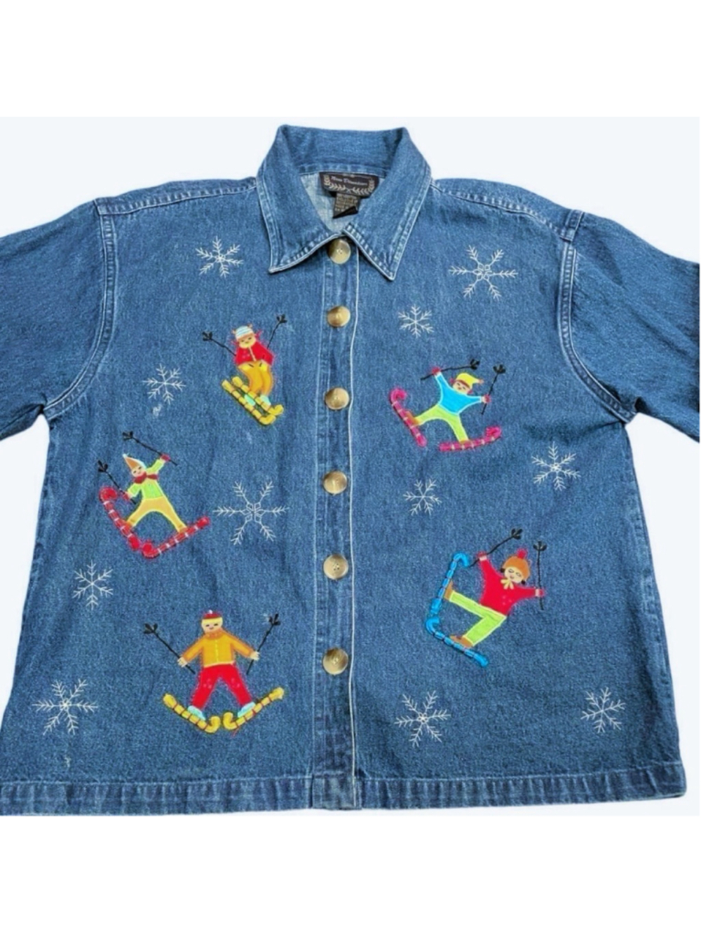 New Directions Womens Medium Embroidered Skiing Denim Blue Jean Jacket Cotton - Picture 2 of 9